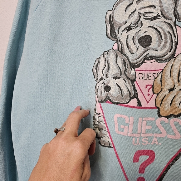 Vintage Guess USA Puppy Crewneck Sweatshirt Blue Pink 80's Women's Size Small - Picture 9 of 12
